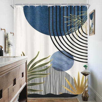 Mid Century Blue Green Boho Abstract Modern Bathroom Shower Curtain Set | 54Wx78H Chic Plants design, waterproof HD print with fast-drying fabric and 12 hooks.
