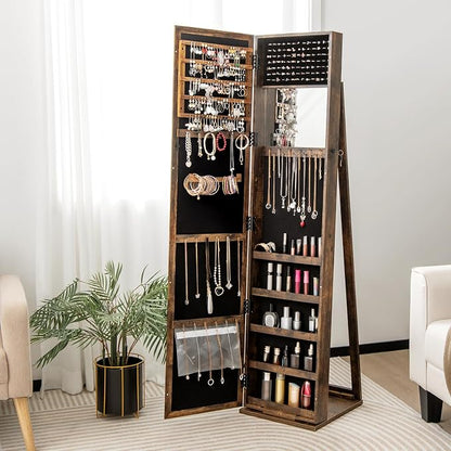 CHARMAID Jewelry Armoire with Full Length Mirror, Lockable Standing Jewelry Cabinet Organizer with Large Storage Capacity, Inside Makeup Mirror, Stable Base, Easy Assembly (Rustic Brown)