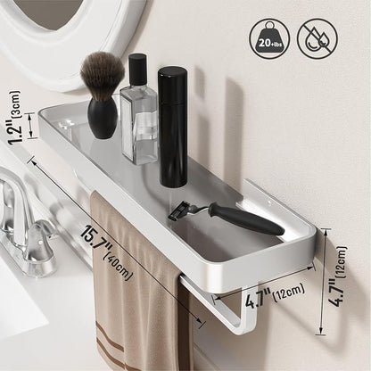 16 Inch Long Floating Bathroom Shelf with Towel Bar, Clear Tempered Glass Wall Shelf with Hand Towel Holder for Bathroom Storage Organizer, Matte Silver