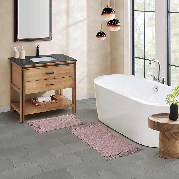 French Connection Nellore Bathroom Rugs, Set of 2 Woven and Beaded Bathroom Mats, Durable Bath Rugs, Thick Bath Mats for Bathroom and Shower Rugs, 17" x 28" and 20" x 38", Dusty Pink