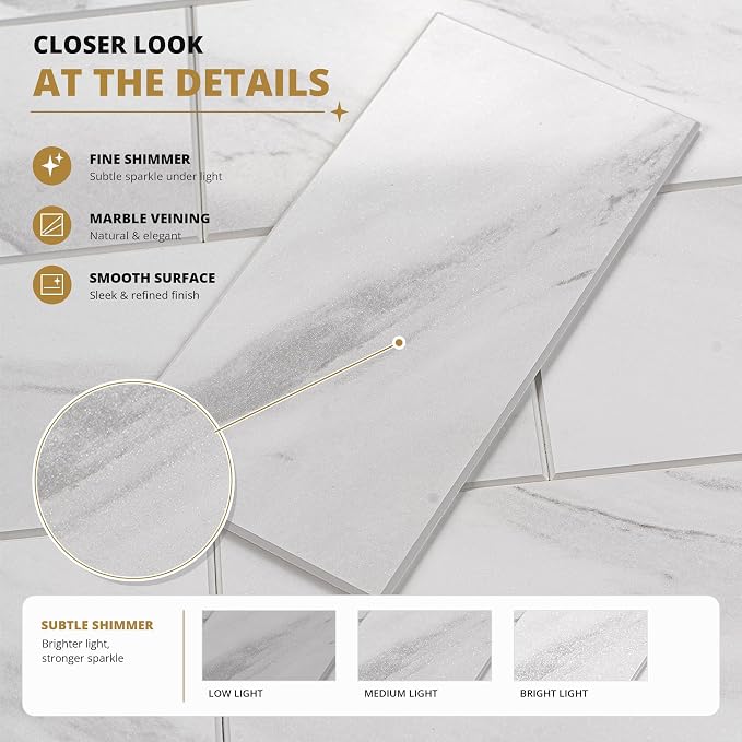 StyloVue 100 Pieces Peel and Stick Backsplash for Kitchen, 3" x 6" PVC Subway Tile, 2026 Upgraded Sparkle White Marble, Stick on Wall Tile for Kitchen, Bathroom, Fireplace, RV