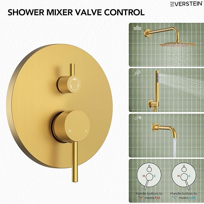10" High-Pressure Rainfall Shower System with Handheld Spray, Wall Mount Bathroom Shower Faucet Set with Tub Spout, Brushed Gold (Valve Included)