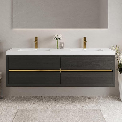 Abruzzo 72" Espresso Wood Wall-Mounted Bathroom Vanity with Double Sink – Stone Resin Countertop & Soft-Close Drawers, Waterproof Wood Cabinet for Bathrooms