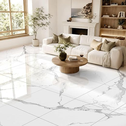 DEXDE Peel and Stick Floor Tile 18x18 Marble Vinyl Flooring Waterproof 30PC | Floor Tiles Peel and Stick Waterproof, Self Adhesive Floor Tiles, Sticky Floor Tiles Bathroom Floor Tiles 1.5FTx1.5FT White