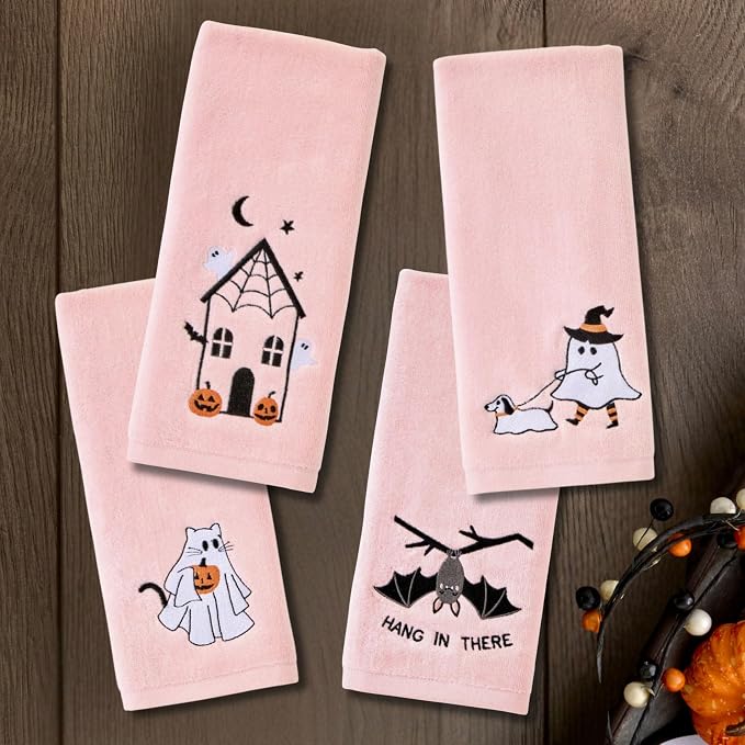 SKL Home Halloween Haunted House 100% Cotton Embroidered 2pc Hand Towel Set, Decorative for Bath/Kitchen/Bar & Gift, Pink