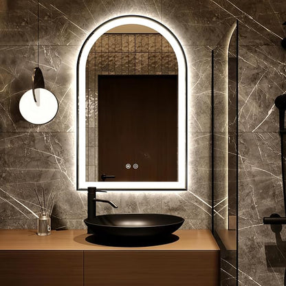 Arched LED Bathroom Mirror, 32"x20" Arch Backlit Vanity Mirror with Lights, Frontlit, Dimmable, 3 Colors, Memory Function, Anti-Fog Smart Mirror, Black Frame, Shatterproof, UL Listed