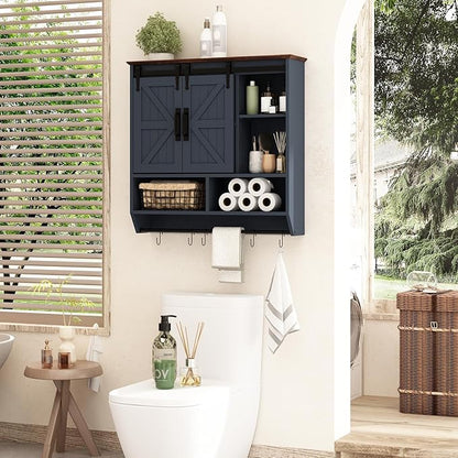 RUSTOWN Farmhouse Bathroom Wall Cabinet,3-Tier Rustic Wood Wall Mounted Cabinets,Vintage Medicine Cabinet with Sliding Barn Door and Adjustable Shelves,Over The Toilet Storage Cabinet (Navy Blue)