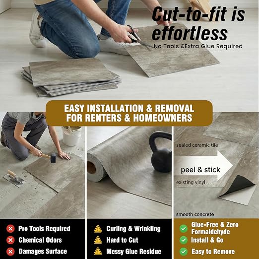 Peel and Stick Floor Tiles, 12 Sq.Ft Waterproof Vinyl Flooring, Thick Beige-Brown Marble Look Tiles, Durable Slip-Resistant Tiles for Bathroom, Kitchen & Renter-Friendly DIY Home Upgrade(12”x12”) | 12 Sq.Ft 12x12 Marble Look Tiles, Durable Water&Oil Re...