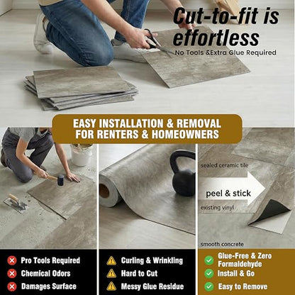 Peel and Stick Floor Tiles, 12 Sq.Ft Waterproof Vinyl Flooring, Thick Beige-Brown Marble Look Tiles, Durable Slip-Resistant Tiles for Bathroom, Kitchen & Renter-Friendly DIY Home Upgrade(12”x12”) | 12 Sq.Ft 12x12 Marble Look Tiles, Durable Water&Oil Re...