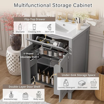48" Bathroom Vanity Set with Double Sink, Harper & Bright Designs Free Standing Single Basin Vanity Set with 2 Soft-Close Doors and Drawer, Wooden Storage Cabinet with Ceramic Basin for Bathroom, Grey