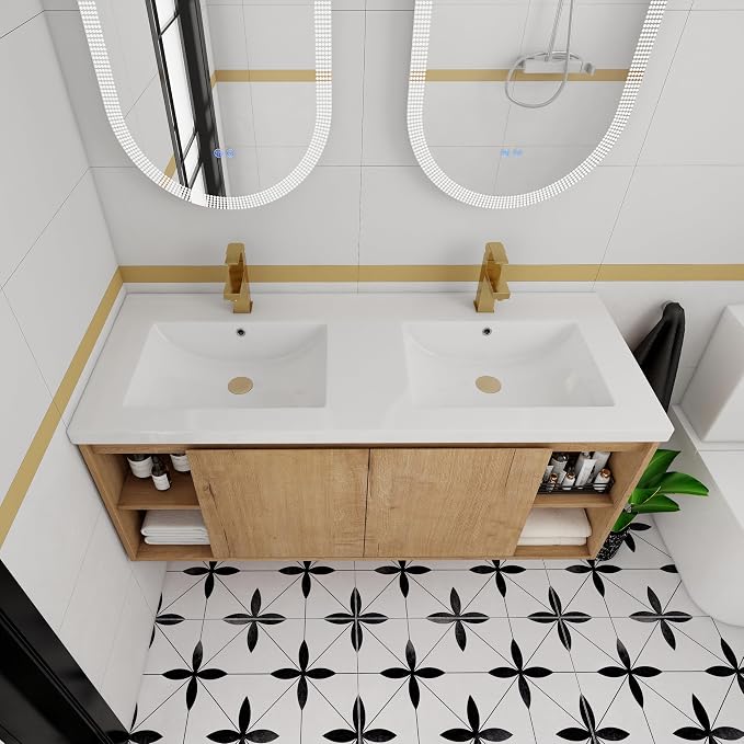 48" Wall Mounted Bathroom Vanity with Double Sink, Imitative Oak | 48 Inch Modern Floating Cabinet with Center Open Shelf & Soft-Close Doors, 2 Resin Basins