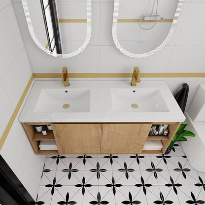 48" Wall Mounted Bathroom Vanity with Double Sink, Imitative Oak | 48 Inch Modern Floating Cabinet with Center Open Shelf & Soft-Close Doors, 2 Resin Basins