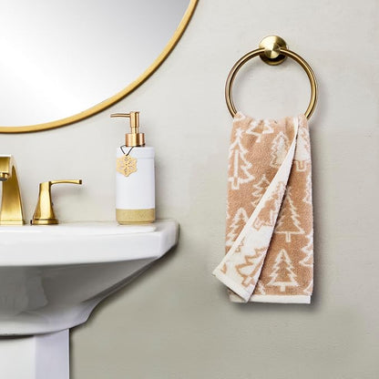 SKL Home Christmas/Winter Mod Tree Hand Towel Set-2pc, 100% Cotton, Tan | 500 GSM. Soft & absorbent. Reversible jacquard pattern. Great for the bathroom, kitchen or bar & holiday gift.