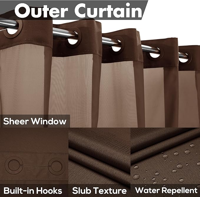 River Dream No Hook Slub Textured Shower Curtain with Snap-in PEVA Liner Set - 71" x 74"(72"), Hotel Style with See Through Top Window, Machine Washable & Water Repellent, Chocolate Brown, 71x74