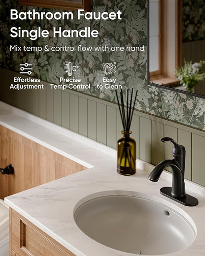 Homevacious Oil Rubbed Bronze Bathroom Faucet 1 Hole One-Handle Lever Bathroom Sink Faucets Bath Rustic Lavatory Basin Mixer Tap with Pop Up Drain with Overflow Supply Hose ORB