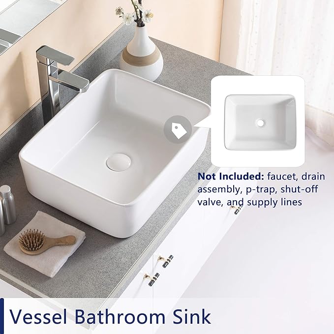 DeerValley Ally 19x15 Inch Rectangular Vessel Sink, White Ceramic Above Counter Bathroom Basin, DV-1V031