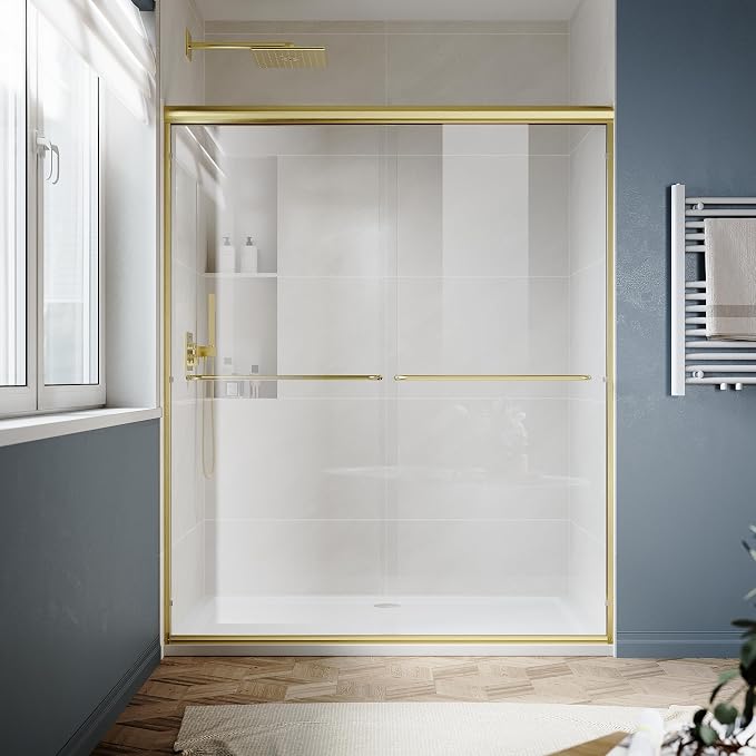 SUNNY SHOWER Double Sliding Glass Door 54" W x 72" H Shower Door 1/4" Tempered Glass Sliding Door Semi-Frameless Shower Glass Enclosure Bypass Walk in Shower Cabin, Brushed Gold