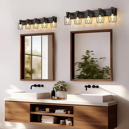 Farmhouse 5-Light Wood Bathroom Vanity Light, Black Metal Cage Shade | Mounted Over Mirror, Industrial Rustic Style, Ideal for Bathroom, Bedroom, Hallway & Living Room, Easy To Install