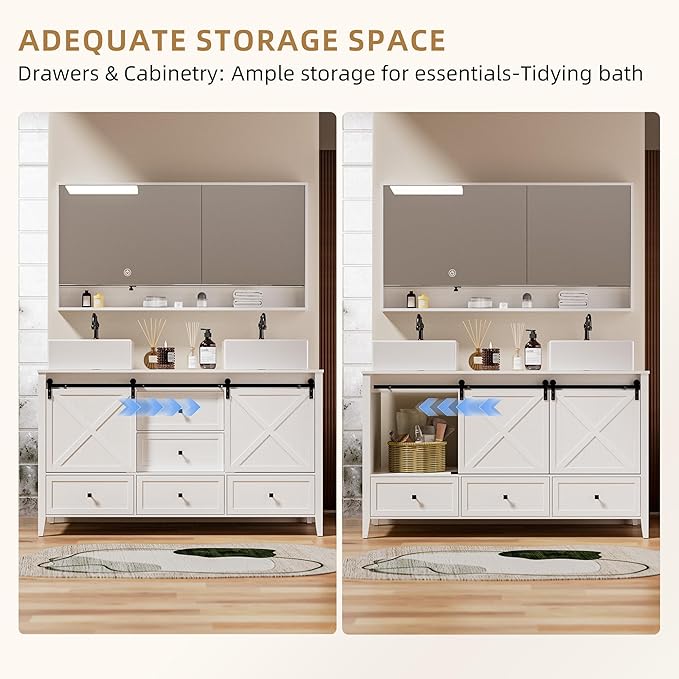VNN Bathroom Vanity with Sink - 60 Inch Bathroom Vanity Double Sink Ceramic, Freestanding Cabinet with 2 Farmhouse Sliding Barn Doors and 5 Drawers, Space-Saving Storage Cabinet, White Wood Grain
