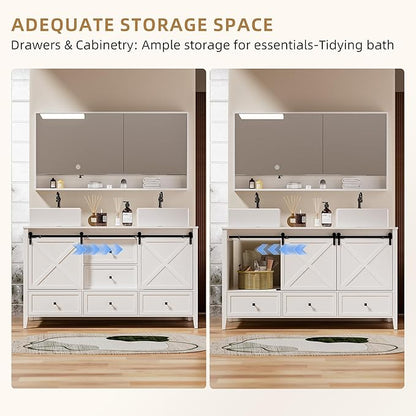 VNN Bathroom Vanity with Sink - 60 Inch Bathroom Vanity Double Sink Ceramic, Freestanding Cabinet with 2 Farmhouse Sliding Barn Doors and 5 Drawers, Space-Saving Storage Cabinet, White Wood Grain
