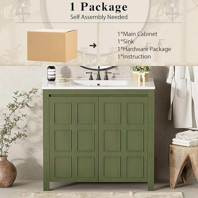 36" Bathroom Vanity,Farmhouse Vanity with Ceramic Sink, Set Bathroom Storage Cabinet, Olive Green