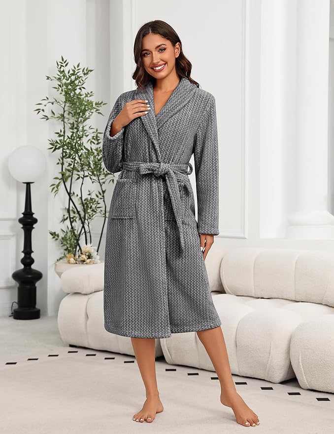 Ekouaer Women's Robe Long Plush Soft Bathrobe Cozy Warm Robes Shawl Collar Sleepwear with Pockets