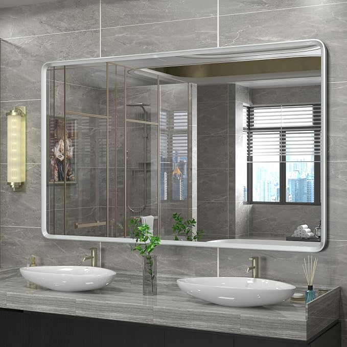 60x36 Silver Mirror for Bathroom | Silver Metal Frame, Large Rounded Rectangle Mirror, Beveled Border, Anti-Rust, Shatterproof (Horizontal/Vertical)