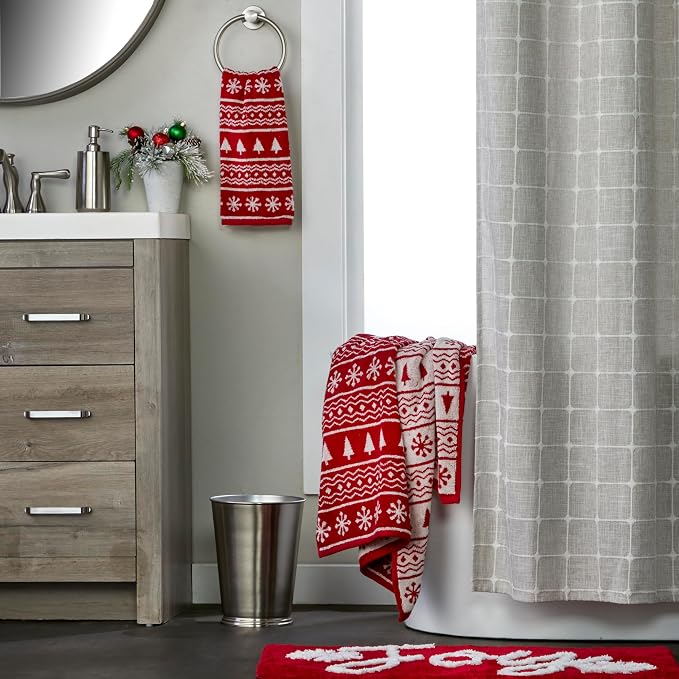 SKL Home Christmas/Winter Fair Isle Bath Towel, 100% Cotton Jacquard, Red | 500 GSM. Soft & absorbent terry with reversible pattern. Great for holiday gifting.