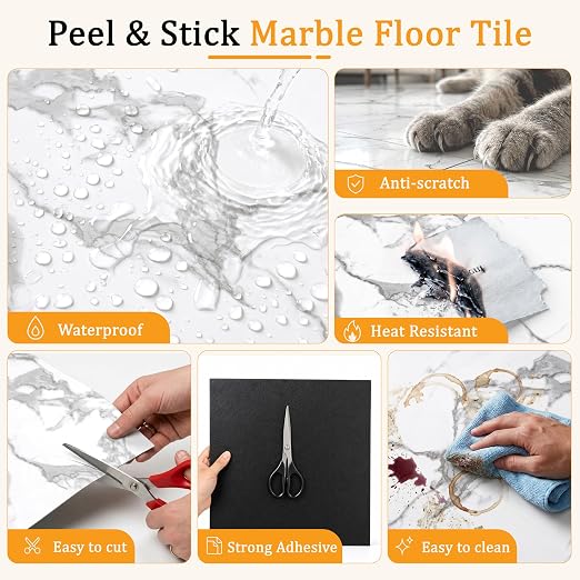DEXDE Peel and Stick Floor Tile 18x18 Marble Vinyl Flooring Waterproof 30PC | Floor Tiles Peel and Stick Waterproof, Self Adhesive Floor Tiles, Sticky Floor Tiles Bathroom Floor Tiles 1.5FTx1.5FT White