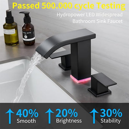 Bathroom Faucets Set Matte Black 8 inch Bathroom Sink Faucet 3 Hole with Pop Up Drain Widespread Modern Waterfall Vanity Faucet with 3 Colors Light Changing (Matte Black)