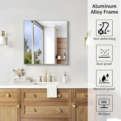 KOCUUY Silver Framed Mirror, 24"x24" Square Bathroom Mirror for Wall, HD Tempered Glass, Anti-Rust Frame, Modern Design for Bathroom, Bedroom, Living Room, Entryway