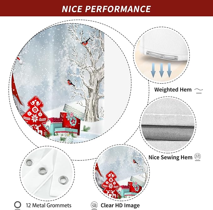 Winter Christmas Shower Curtain for Bathroom 72W*72H Inch Cute Gnome Cardinals Snowflake Snowy Bird Forest Holiday Decorations Bathtub Decor Waterproof Polyester Fabric Set