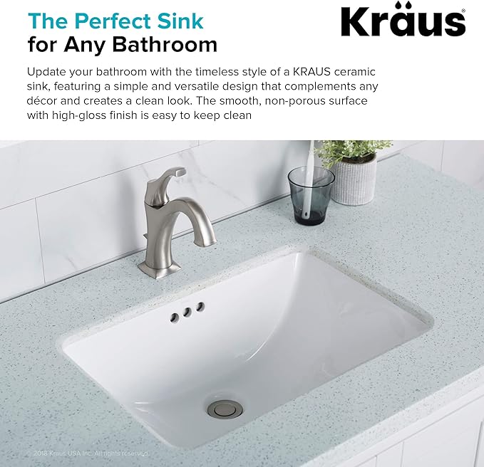 KRAUS Elavo 21-inch Rectangular Undermount White Porcelain Ceramic Bathroom Sink with Overflow, KCU-241