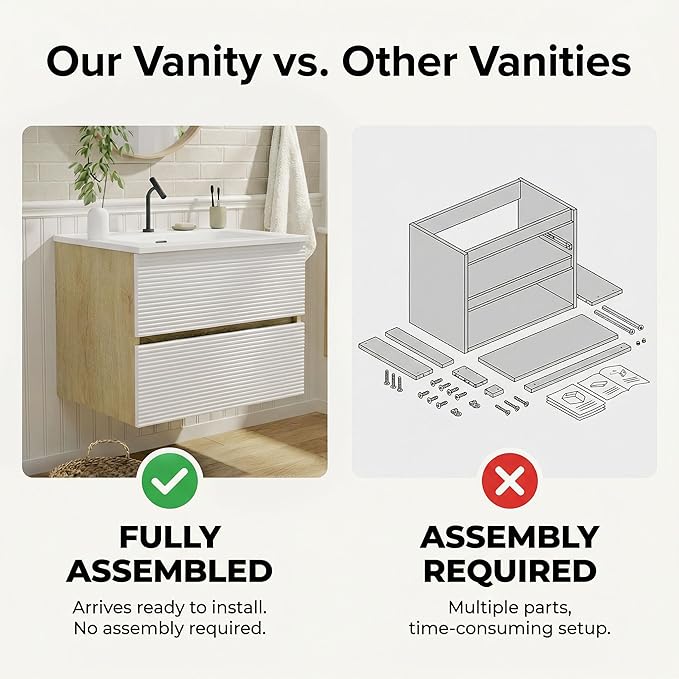 24″ Natural Wood & White Floating Bathroom Vanity with Sink, Modern Bathroom Cabinet with Soft Close & Large Storage Drawers, for Small Space, Apartment, Hotel, Fully Assembled