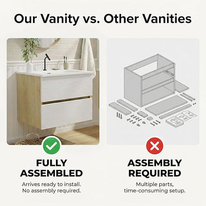 24″ Natural Wood & White Floating Bathroom Vanity with Sink, Modern Bathroom Cabinet with Soft Close & Large Storage Drawers, for Small Space, Apartment, Hotel, Fully Assembled