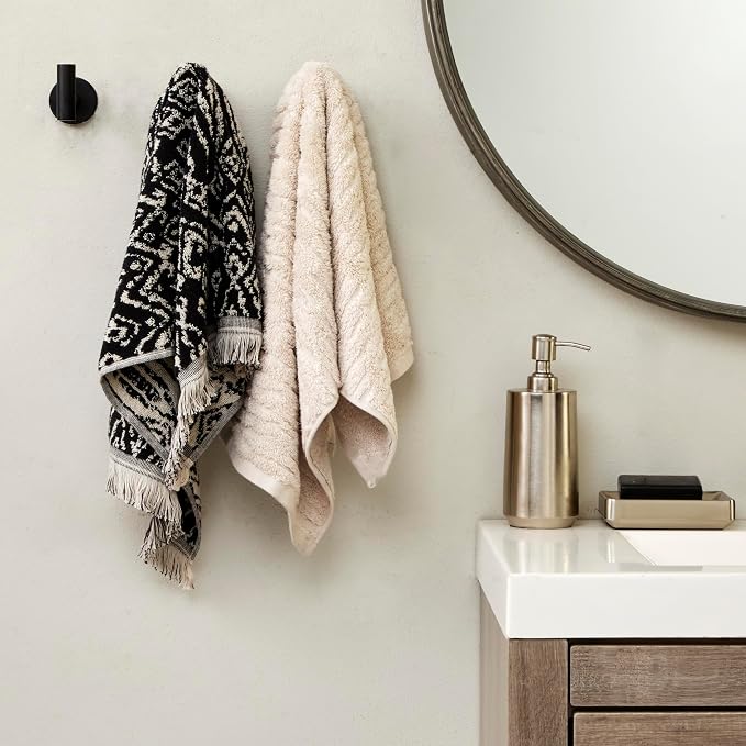 SKL Home CloudSoft/Nador Bath Towel Set-6pc, 100% Cotton, Oatmeal/Black | 2 Bath towels, 2 hand towels, 2 washcloths. 600 GSM. Soft & absorbent, reversible jacquard. Premium spa-level quality.
