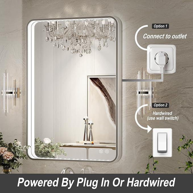 28x36 Inch LED Sliver Frame Bathroom Mirror,ETL Listed | Anti-Fog,3 Color 3000K/4500K/6000K Dimmable,Horizontal & Vertical,Wall Mounted,Memory Function,Ideal for Bathroom,Vanity