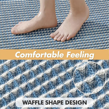 MIULEE Set of 2 Waffle Bathroom Rugs Boho Bath Mat Blue&Cream 17x24 Inch | Non Slip, Super Absorbent, Washable, Ultra Soft, Rubber Backed, Small Bath Rugs for Bathroom Floor Tub Shower