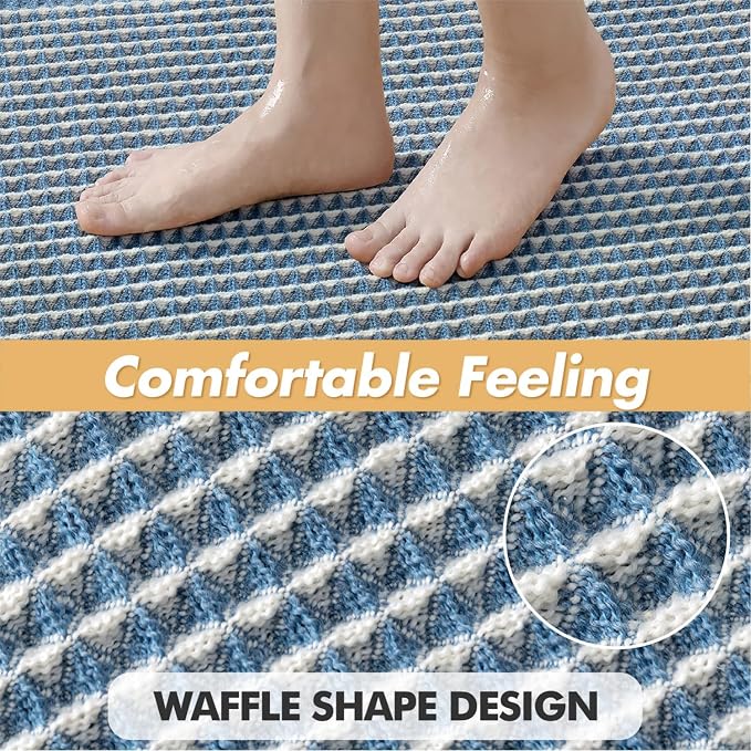MIULEE Set of 2 Waffle Bathroom Rugs Boho Bath Mat Blue&Cream 18x30 Inch | Non Slip, Super Absorbent, Washable, Ultra Soft, Rubber Backed Bath Rugs for Bathroom Floor Tub Shower