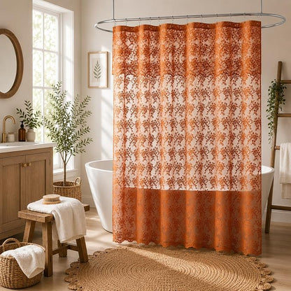 Orange Lace Shower Curtain with Attached Valance, 72x72, Terracotta | Scallop Edge, Sheer Bath Curtain, Floral Lace Design, Semi-Sheer Privacy, Vintage Farmhouse Boho Fall Bathroom Decor