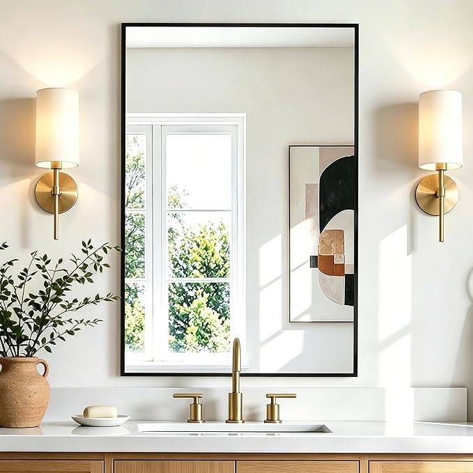Rectangular Bathroom Mirror, 30"x20" Black Metal Framed Vanity Mirror | HD Shatterproof Wall Mirror, Horizontal or Vertical Hanging, Easy Installation for Bathroom, Bedroom, Living Room, Entryway