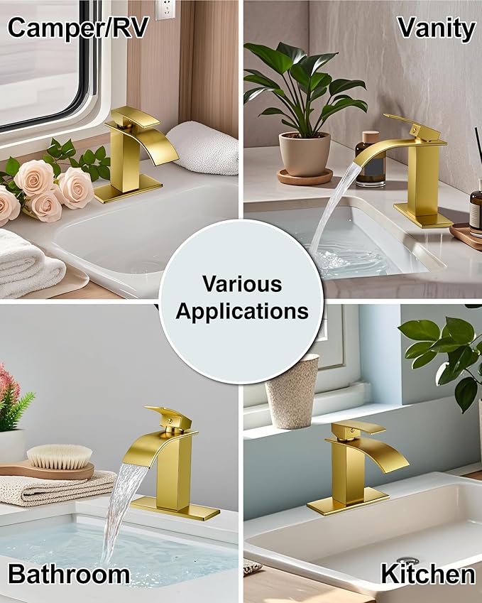 Midanya Waterfall Spout Bathroom Faucet Single Handle 1 Hole Bathroom Sink Faucet,Modern RV Lavatory Vanity Basin Tap with Water Hose,No Drain,Short Body,Brushed Gold