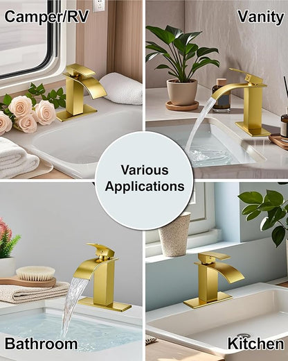 Midanya Waterfall Spout Bathroom Faucet Single Handle 1 Hole Bathroom Sink Faucet,Modern RV Lavatory Vanity Basin Tap with Water Hose,No Drain,Short Body,Brushed Gold