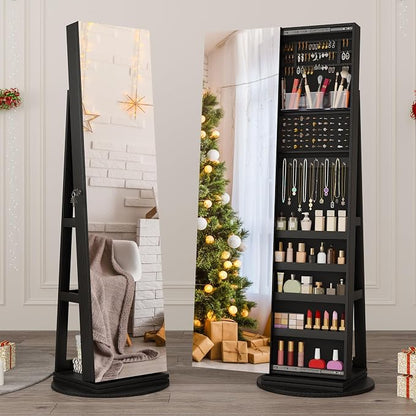 LVSOMT Standing Jewelry Cabinet with Sliding Full Length Mirror, Black | 360° Swivel Mirror with Jewelry Storage, Lockable Jewelry Armoire Organizer with 3 Rear Shelves for Bedroom, Gift for Women
