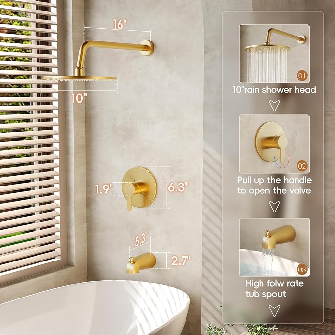 Tub Shower Faucet, Gold Shower Faucet Set with 10" Shower Head | All-Metal Bathroom Rainfall Showerhead and Bathtub Spout, Single-Handle Wall Mounted Tub Shower-Trim Kit Included Valve