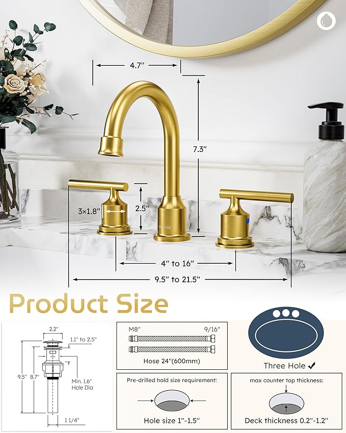 WOWOW Gold Bathroom Faucet 3 Hole Bathroom Sink Faucet Widespread Vanity Faucet 2 Handle Brass Basin Faucet with Pop Up Drain 8 Inch Mixer Tap Antique