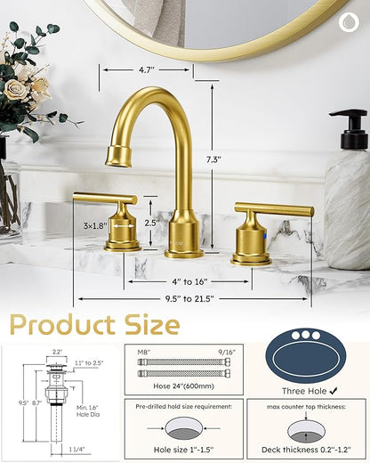 WOWOW Gold Bathroom Faucet 3 Hole Bathroom Sink Faucet Widespread Vanity Faucet 2 Handle Brass Basin Faucet with Pop Up Drain 8 Inch Mixer Tap Antique