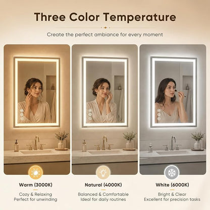 Antok 60x36 LED Bathroom Mirror with Lights, Backlit + Front Lit Vanity Mirror with CRI>90, Dimmable Anti-Fog Smart Mirror with Memory Function, 3 Color Temperatures, Shatterproof Tempered Glass, ETL