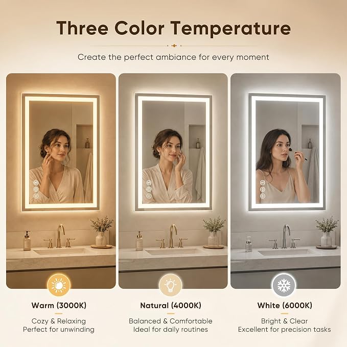 Antok 30x40 LED Bathroom Mirror with Lights, Backlit + Front Lit Vanity Mirror with CRI>90, Dimmable Anti-Fog Smart Mirror with Memory Function, 3 Color Temperatures, Shatterproof Tempered Glass, ETL