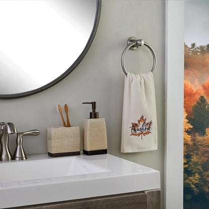 SKL Home Fall/Thanksgiving Thankful Leaf Hand Towel Set-2pc, Natural | 100% Cotton. Soft, embroidered velour. Great for the bathroom, kitchen or bar & holiday gifting.